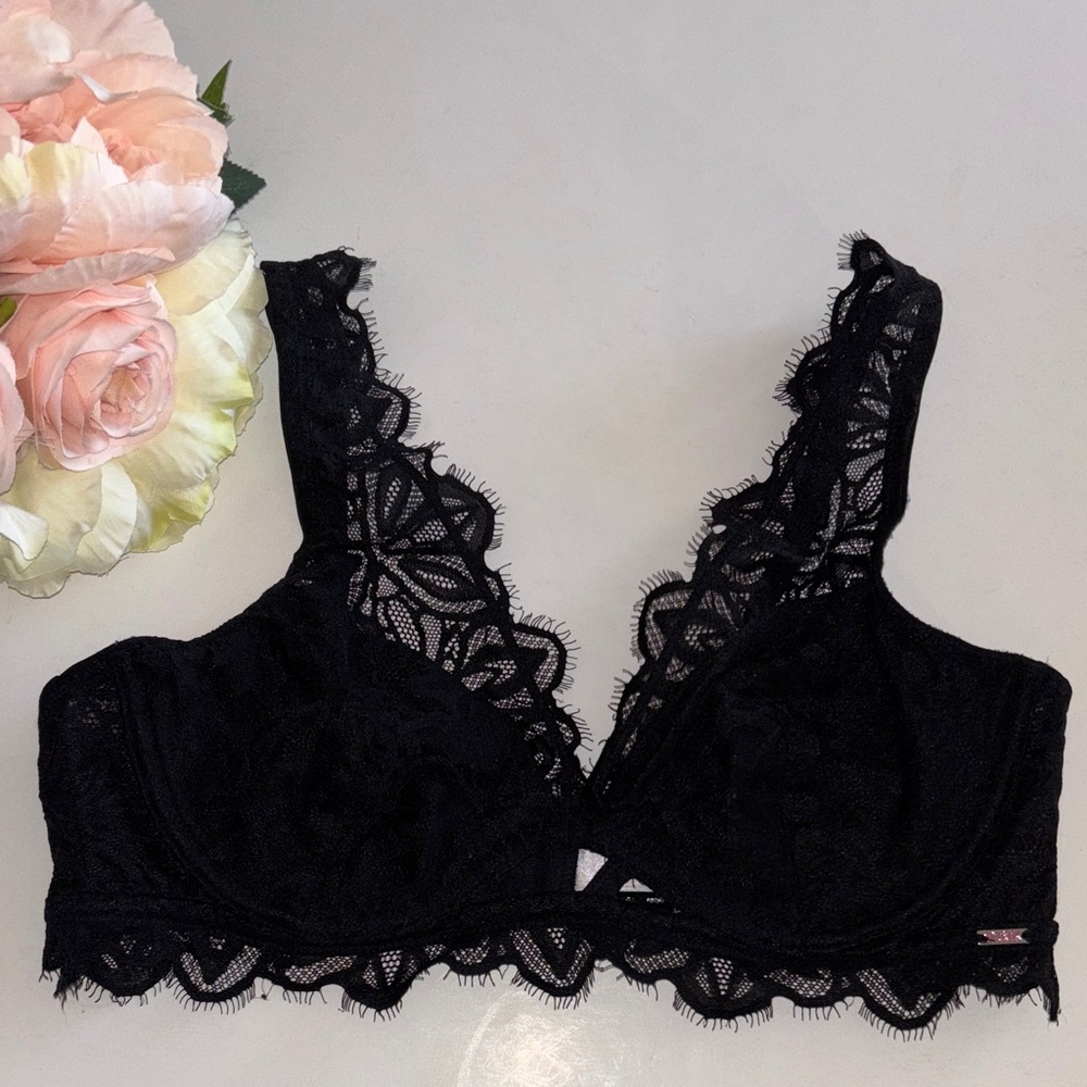 PINK VICTORIAS SECRET BLACK LACE DATE UNLINED BRA MEDIUM Bralette Y2K style